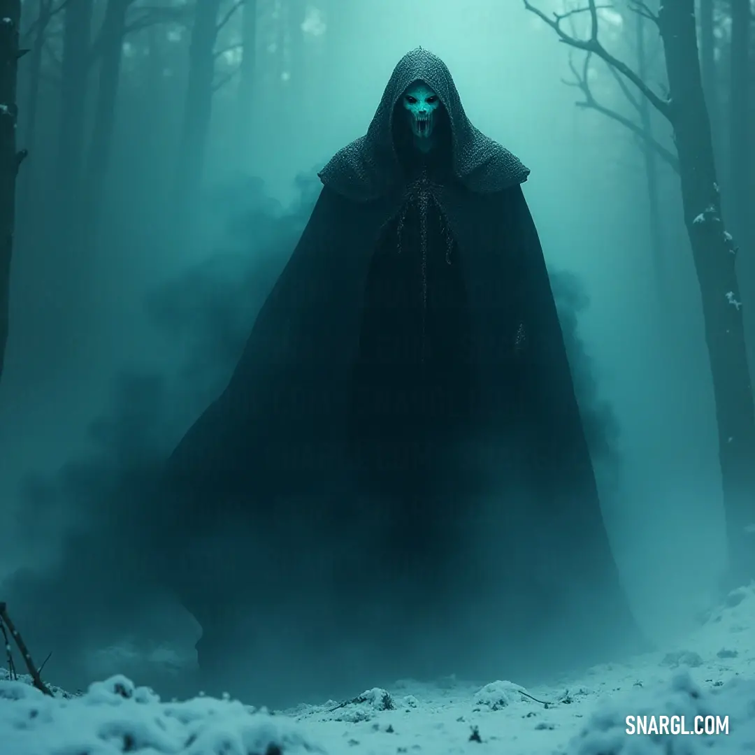 In a fog-shrouded forest, a shadowy figure in a hooded cloak stands amid the trees, the mist swirling around it. The eerie atmosphere captures both solitude and the haunting essence of unseen terrors lurking nearby.