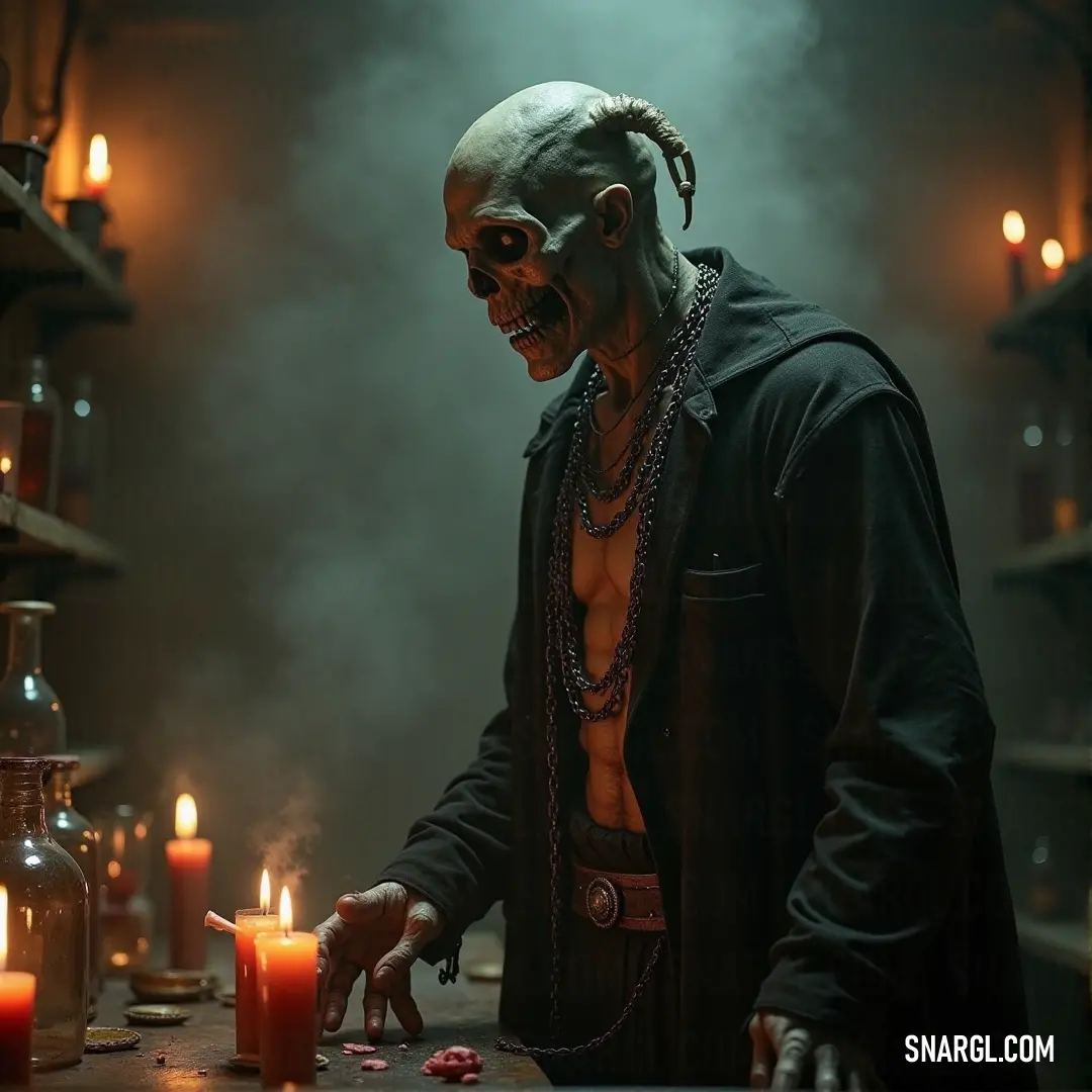Mummified Deathstalker with candles in both hands, exuding an eerie and ominous energy in a shadowy space. A sinister Deathstalker, mummified and holding candles in both hands, standing in an eerie, dimly lit environment with an unsettling, ancient presence.