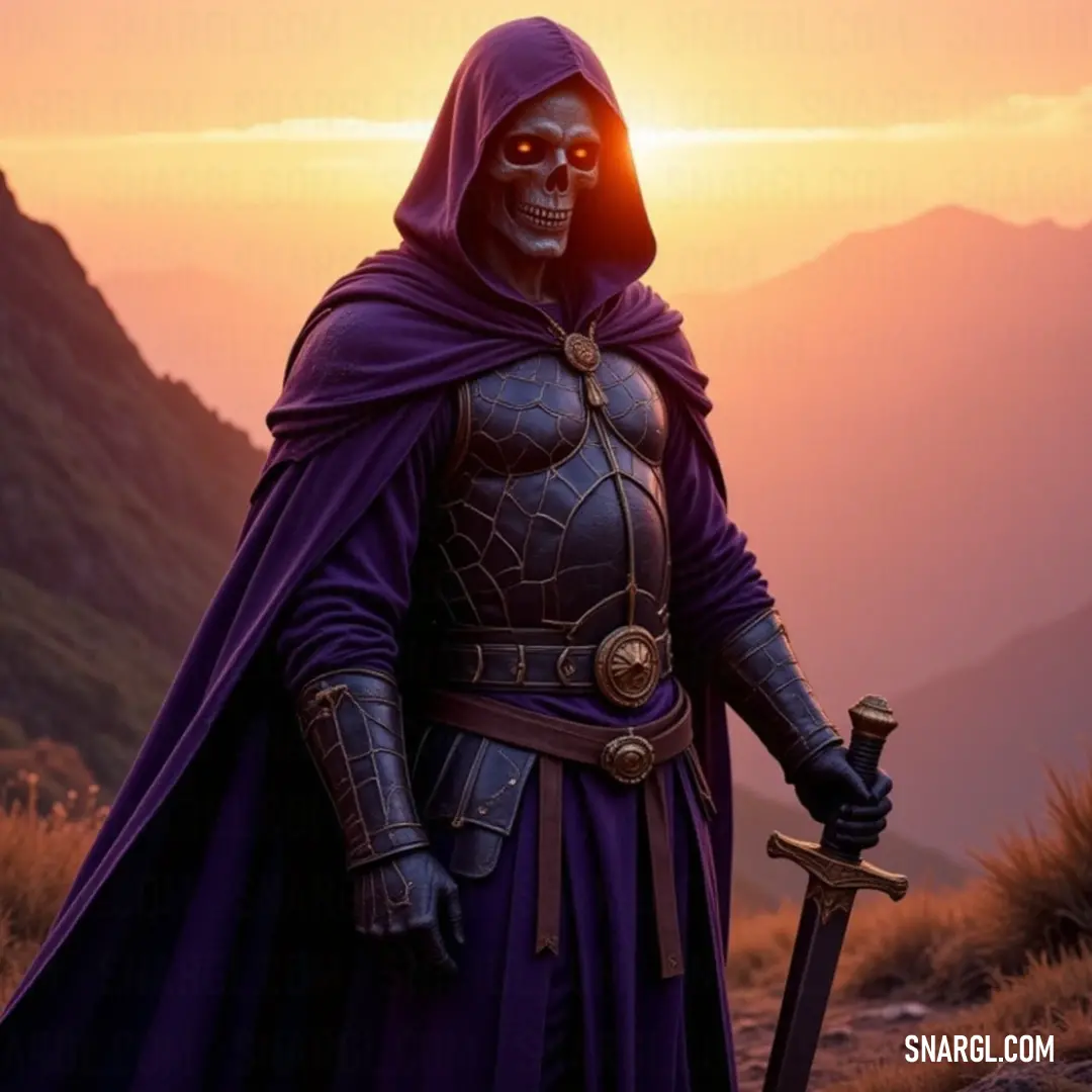 Deathtouch, in his fearsome attire, stands ready for battle, the skull mask and sword marking him as a harbinger of darkness and death. A dark figure known as Deathtouch stands tall in a menacing costume, his skull-like face and sword ready for whatever battle lies ahead, his aura one of death and fear.