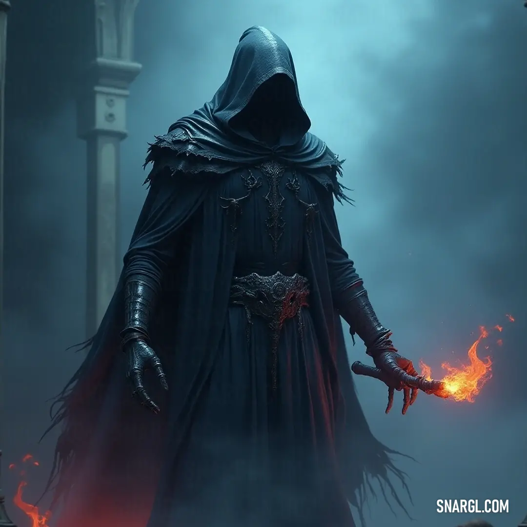 In a misty, haunting landscape, a hooded figure conjures flames of bright intensity amidst dreary fog, with a clock tower silently observing the unfolding drama. A mysterious figure cloaked in darkness holds a swirling fireball that illuminates the foggy atmosphere surrounding the iconic clock tower, creating an ethereal contrast against the bleak backdrop.