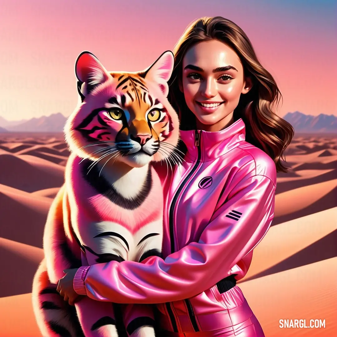 Debian red color. Woman in a pink leather jacket holding a tiger in the desert with mountains in the background