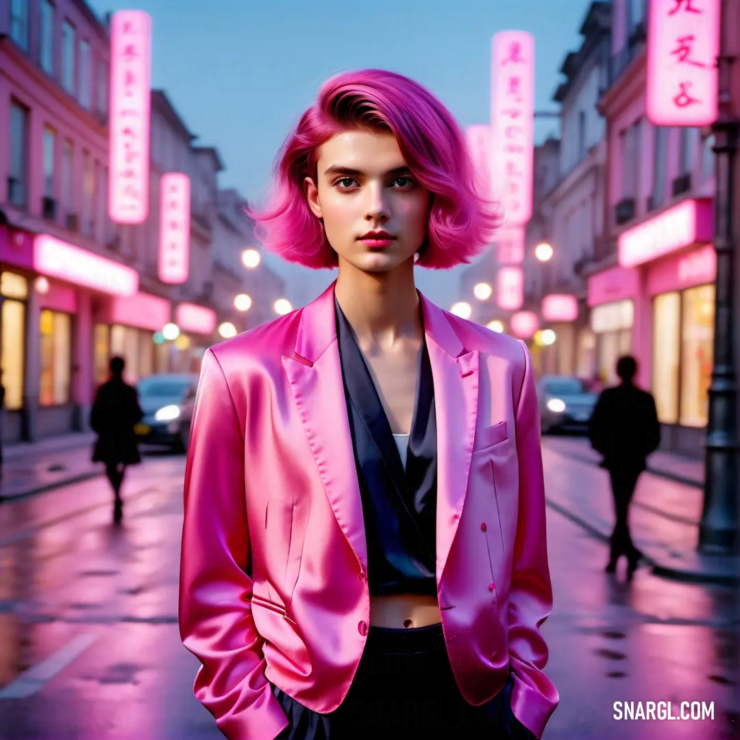 Woman with pink hair standing on a street corner in front of neon signs and buildings. Example of #D70A53 color.