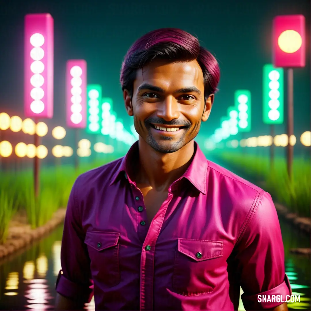 Man in a pink shirt is smiling at the camera with a city in the background. Example of CMYK 0,95,61,16 color.