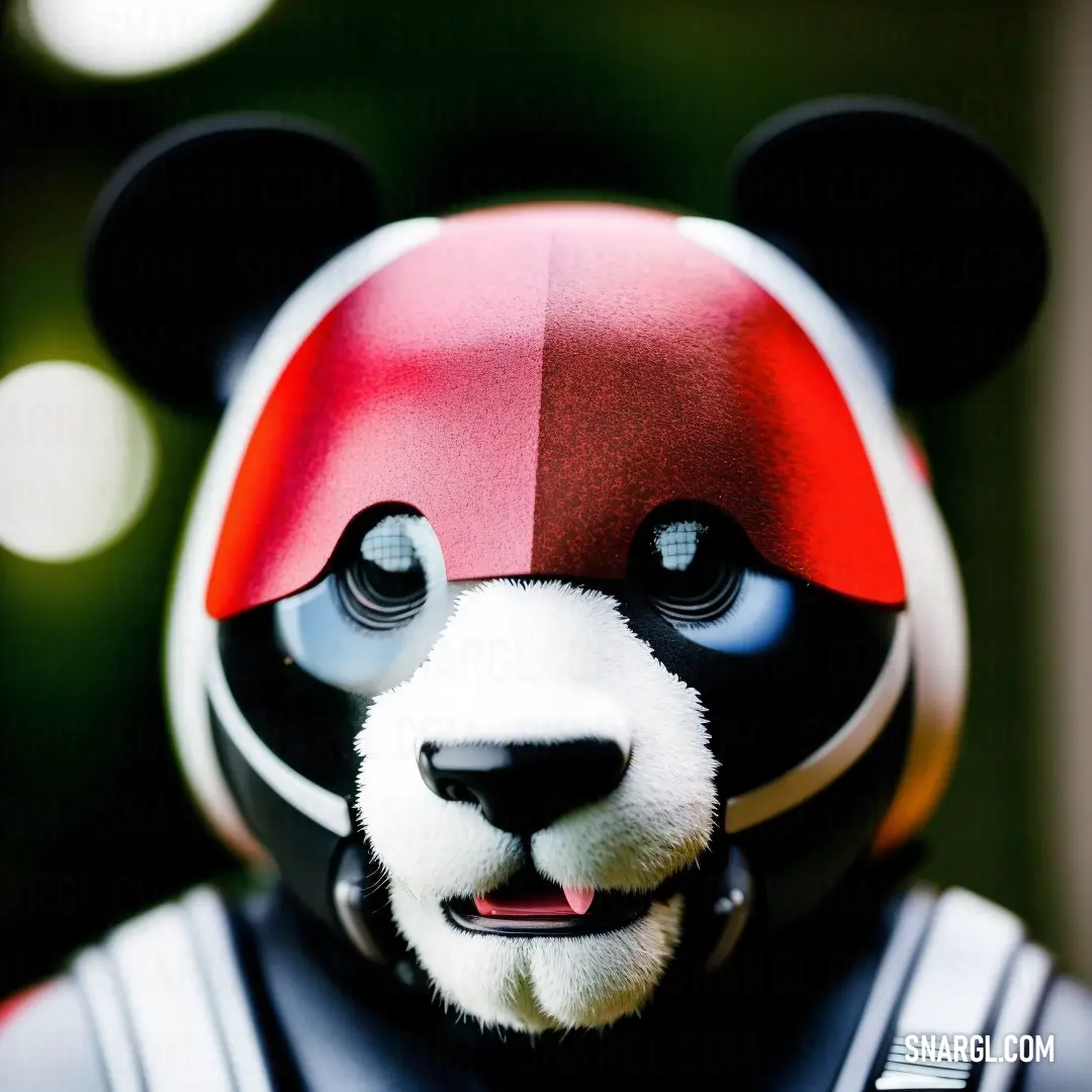 Panda bear wearing a red and black helmet and a black and white outfit with a red