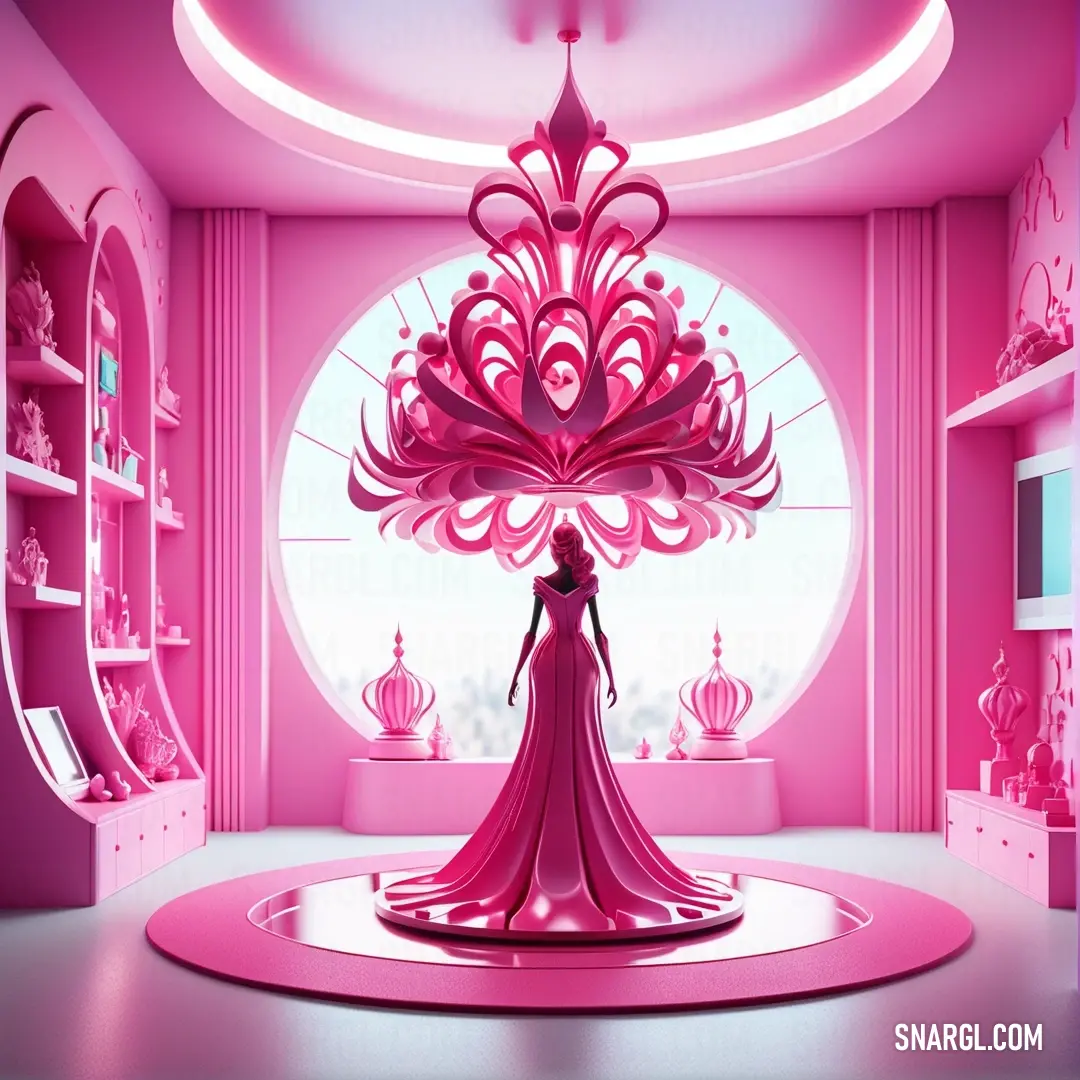 Pink room with a woman in a dress and a large pink tree in the center of the room. Example of CMYK 0,95,61,16 color.