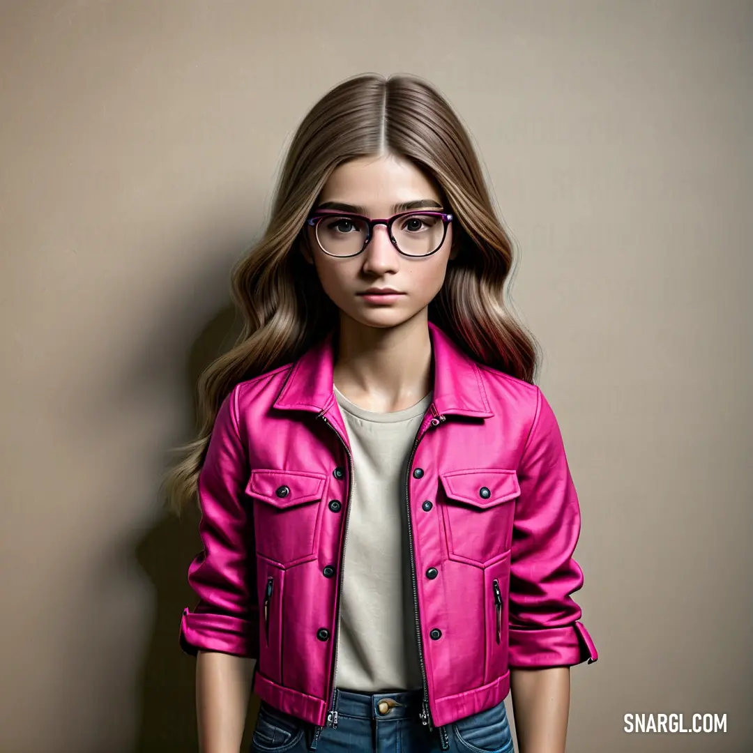 Woman in a pink jacket and glasses standing in front of a wall with a brown background. Color #D70A53.
