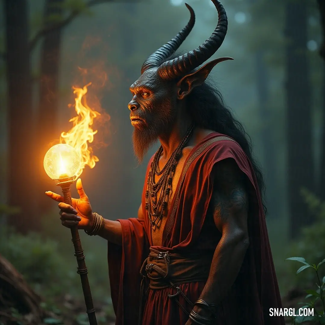 Decarabia, the mystical figure, holds a glowing orb in a richly wooded landscape, merging nature with magic. Decarabia, donned in an elaborate horned costume, grips a glowing orb as he stands amidst a lush forest, where trees and bushes provide a vibrant backdrop to his mystical presence and illuminate his enigmatic quest.