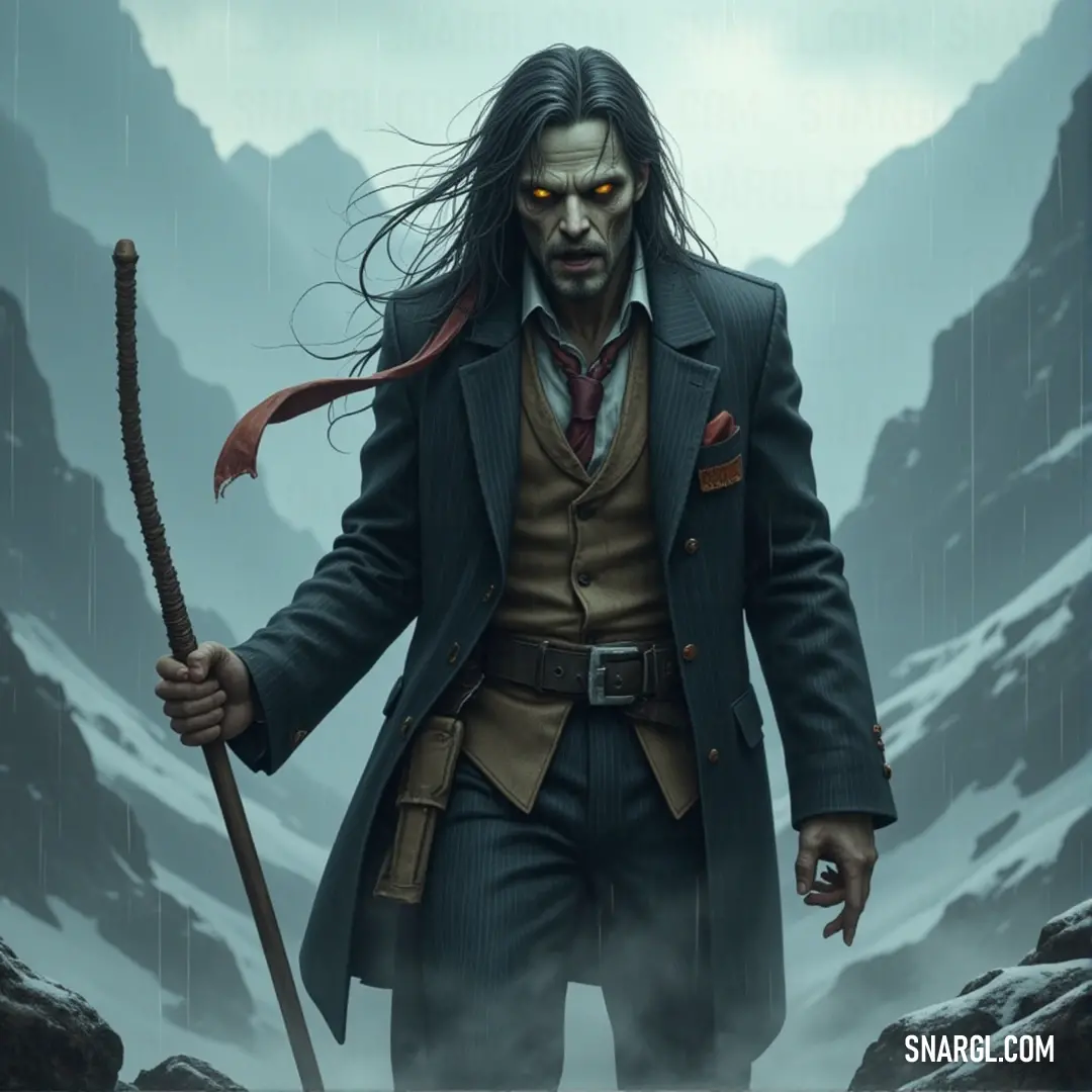 A bearded figure in a snowy mountain landscape, holding a staff and a red flag, standing strong against the cold winds of the highlands. A rugged, weathered figure with long hair and a thick beard stands on a snowy mountain peak, holding a staff with a red flag blowing in the icy wind, looking resolute against the harsh landscape.