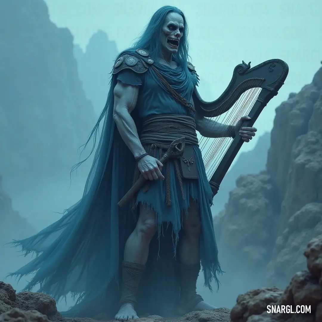 Decayed Horror Holding a Harp in a Rugged Mountain Landscape Adorned in an intricate costume, a Decayed Horror holds a delicate harp within a rugged rocky landscape beneath towering mountains. The contrast between the wartime attire and the serene instrument encapsulates a haunting tale of lost beauty and despair.