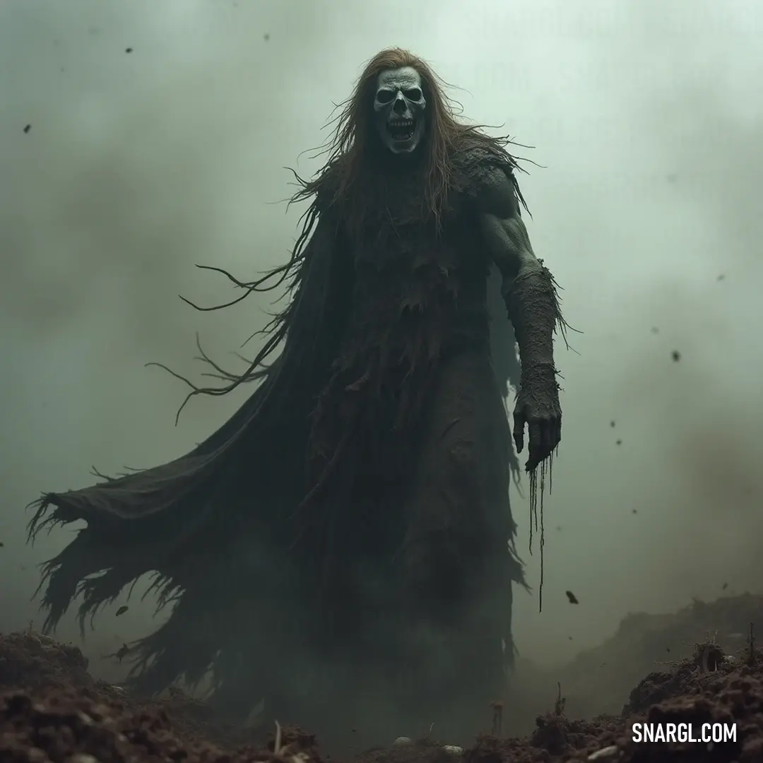 Enigmatic Decayed Horror with Long Hair and Dark Costume A haunting Decayed Horror with long hair and face paint exudes an intense aura in a dark costume. His long beard frames a visage of sorrow and despair, enveloping him in an air of ancient mystery and chilling allure.
