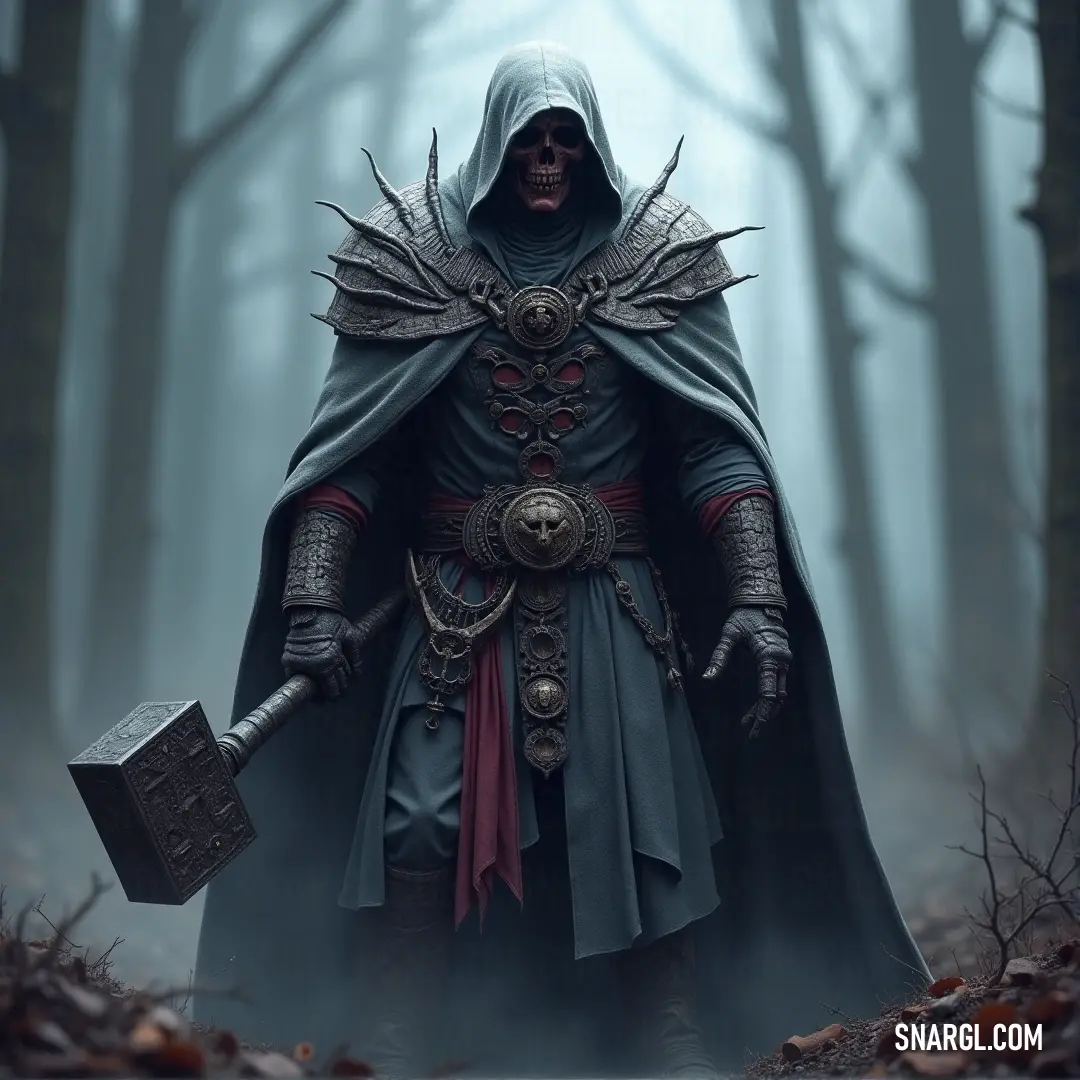 A decayed warlord, cloaked in a tattered hood and wielding an axe, stands in a foggy forest, a harbinger of doom. A decayed warlord, draped in a dark, weathered hooded outfit, grips a massive axe. The thick fog and ancient trees of the forest loom ominously in the background, setting the stage for a battle long forgotten.