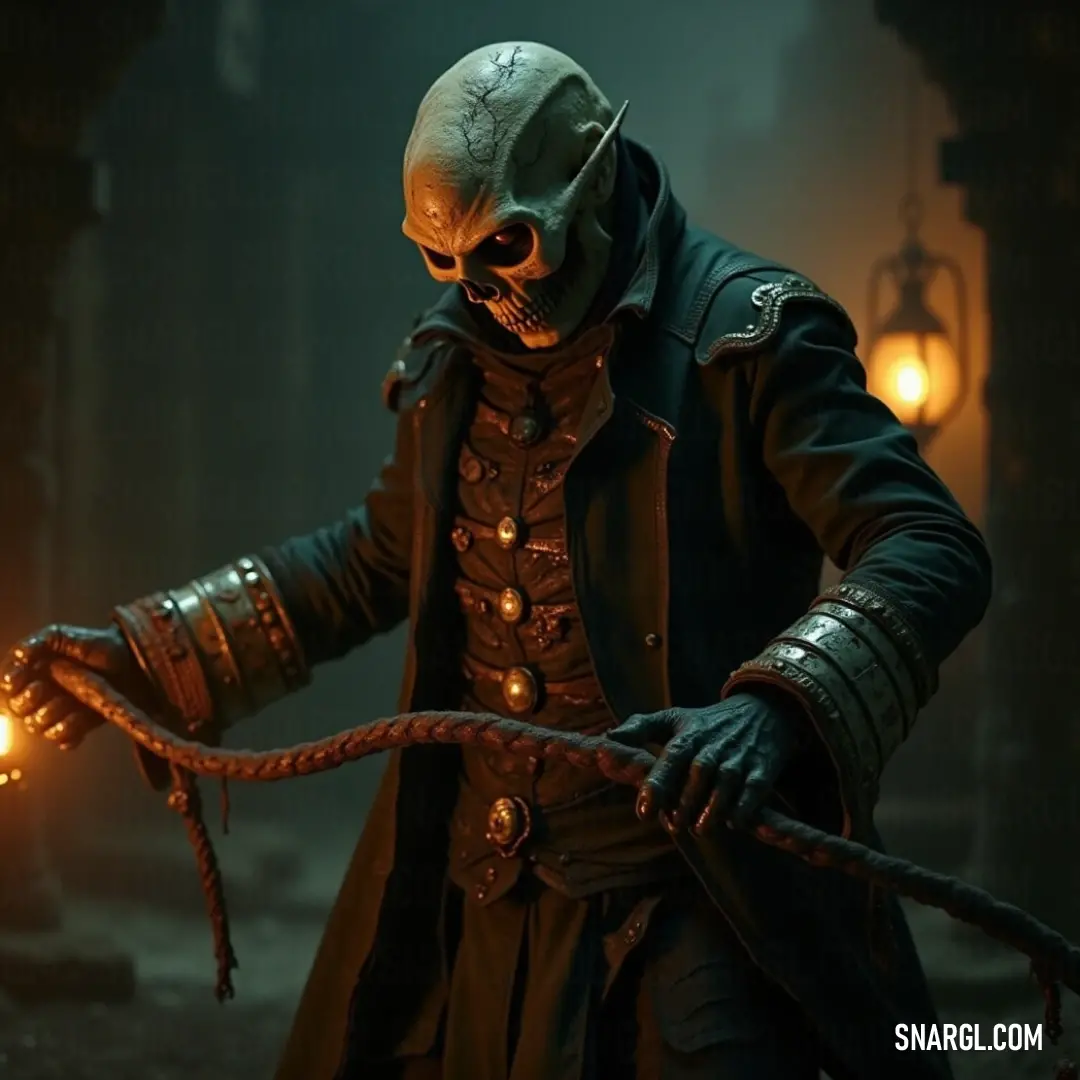 Decayed Warlord in Eerie Attire with Illuminated Rope and Flashlight A Decayed Warlord clad in a tattered costume grips a rope illuminated by a bright light on his head, contrasting sharply against the eerie atmosphere. His other hand clutches a handheld flashlight, casting ominous shadows around him.