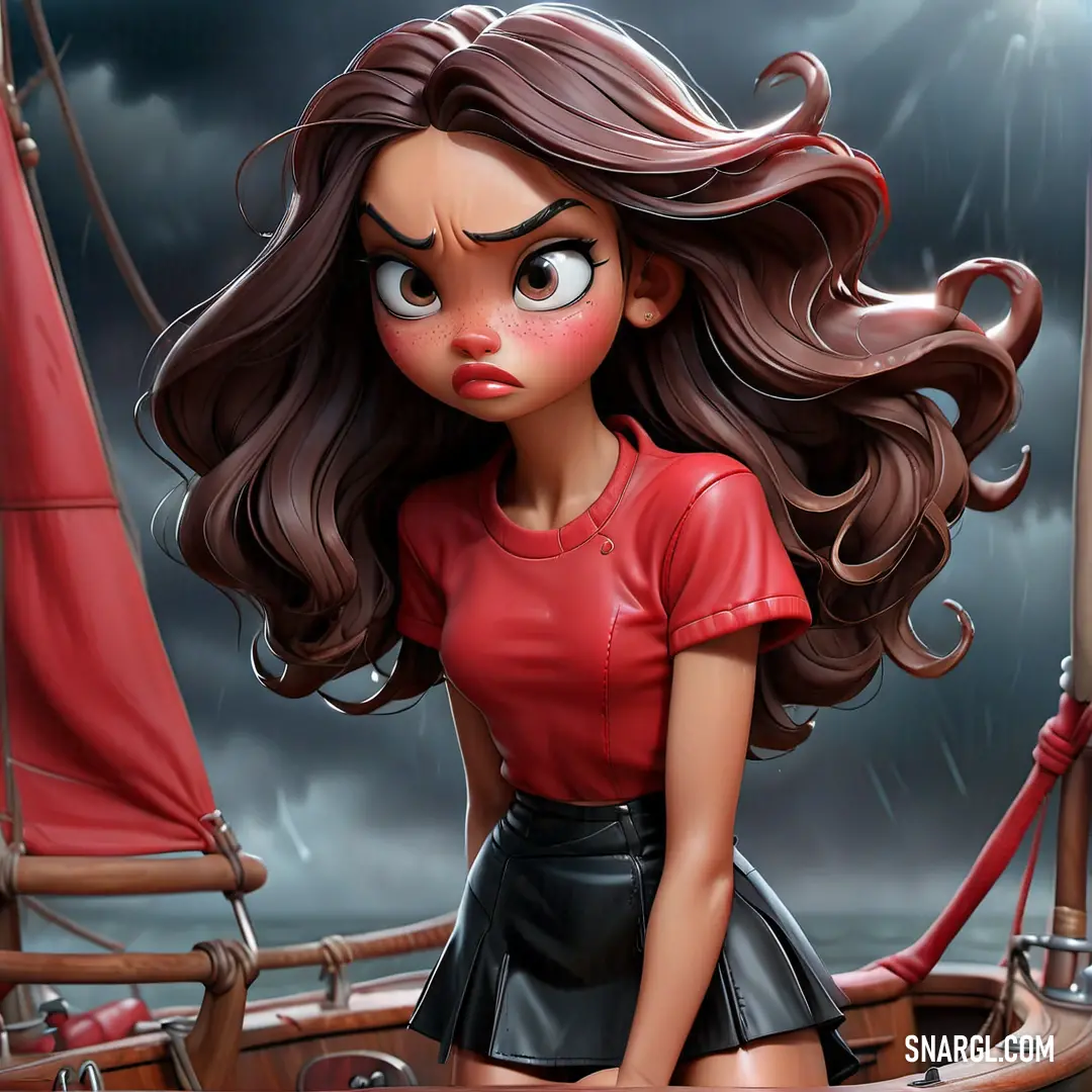 Cartoon girl with long hair and a red shirt on a boat in the rain with a sad face. Color RGB 239,48,56.