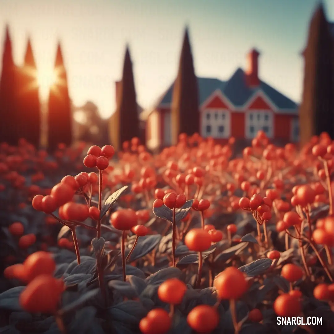 A breathtaking field filled with vibrant red berries, set against a background of a charming house. The color of the berries and the house creates a perfect harmony, showcasing the deep carmine pink hues in nature.