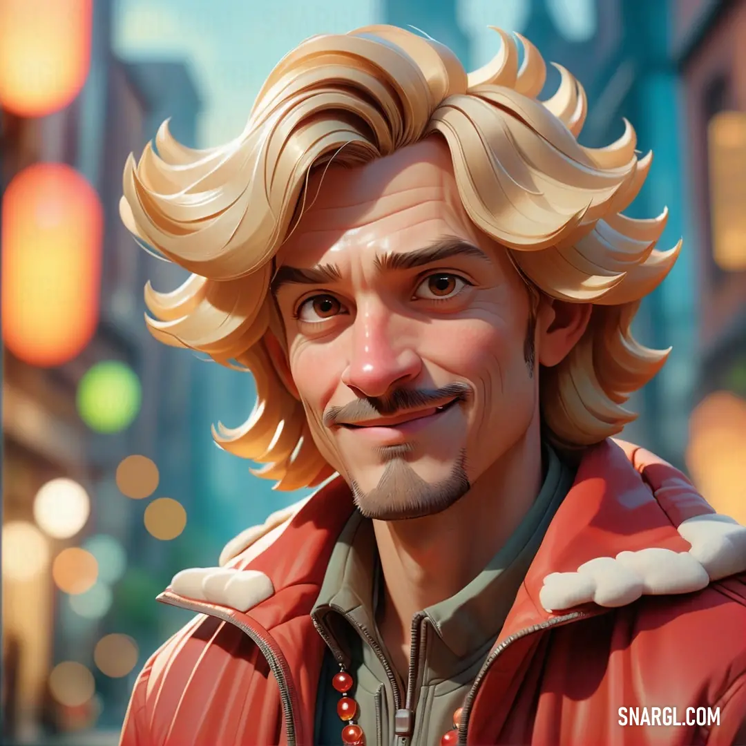 Man with blonde hair and a mustache in a red jacket and a city street at night in the background. Color #EF3038.