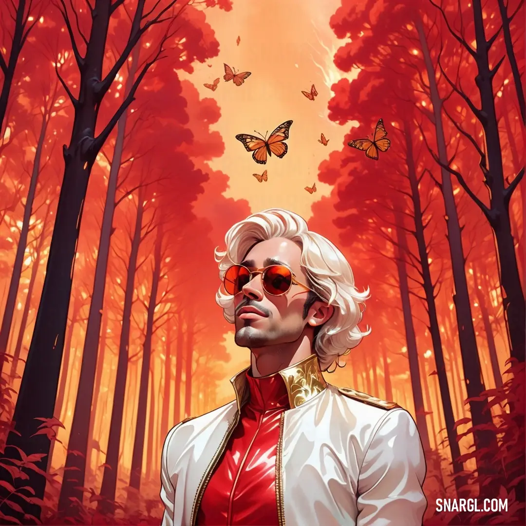 Deep carmine pink color example: Man with white hair and sunglasses in a red forest with butterflies flying overhead