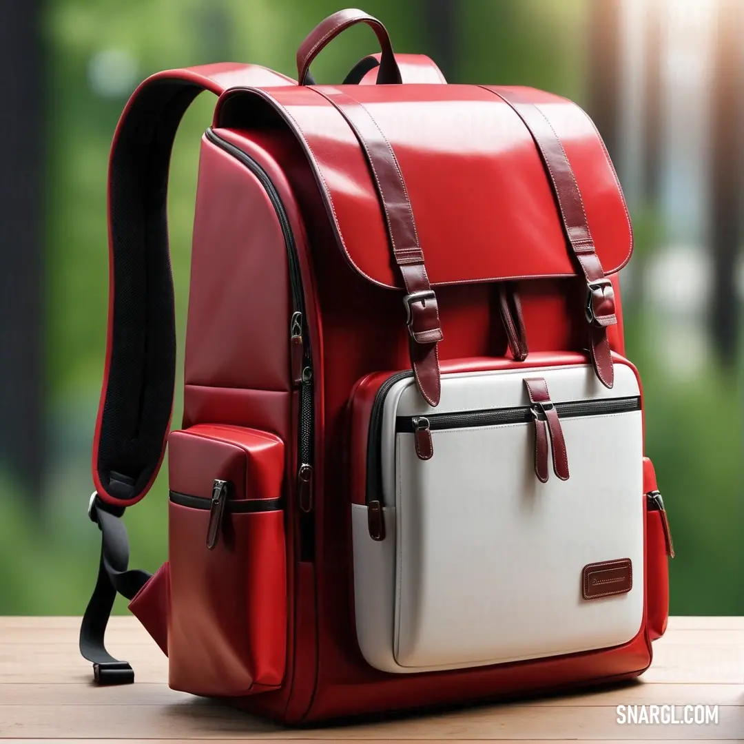 Red and white backpack on a table with a green background. Example of CMYK 0,80,77,6 color.