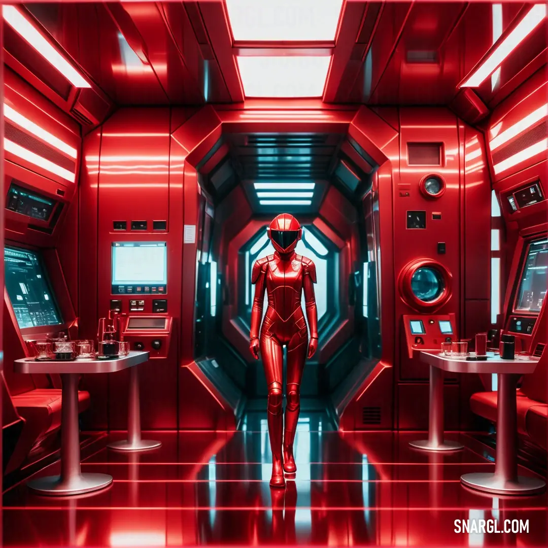 Sci - fiish red room with a man in a red suit. Color Deep carmine pink.