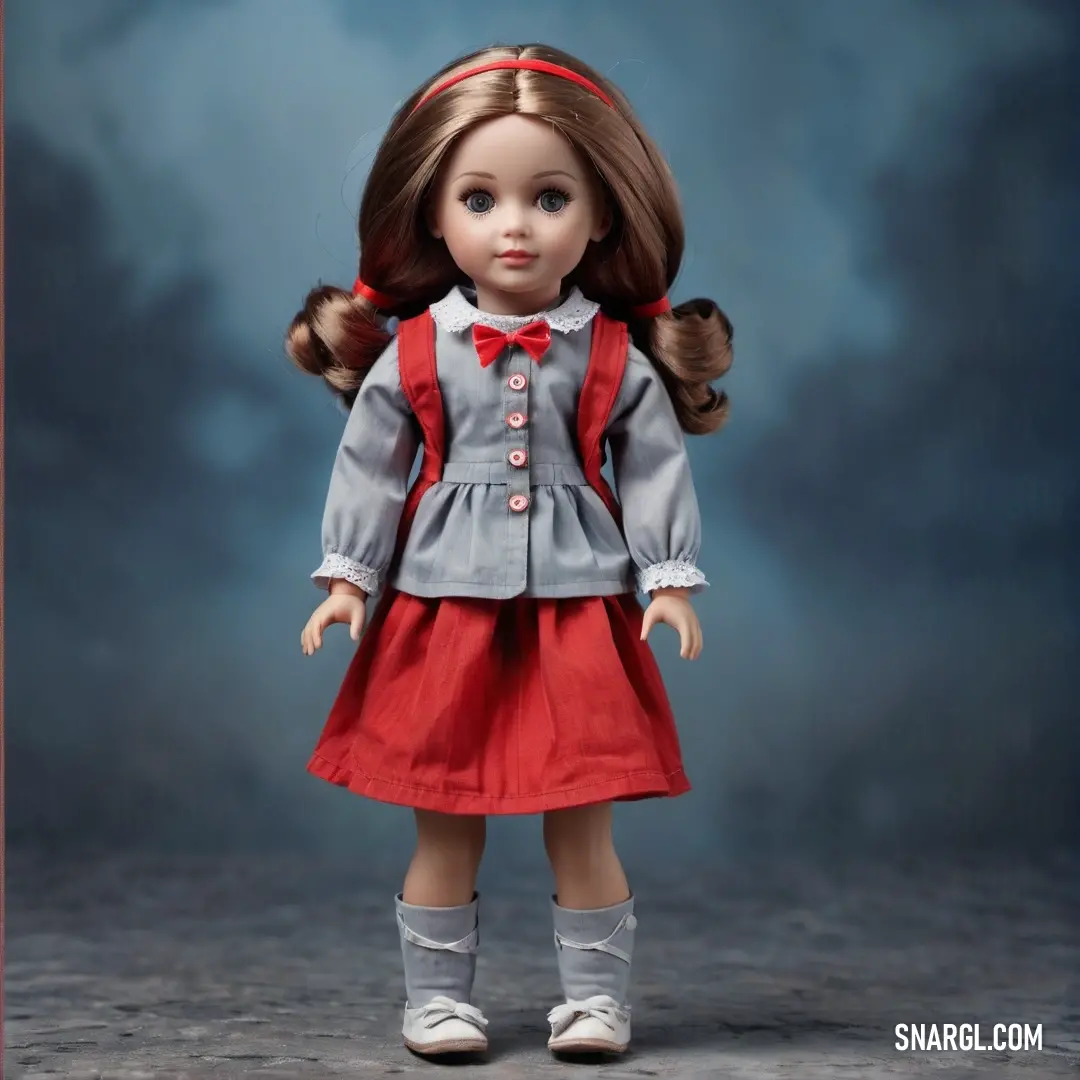 Doll with a red dress and bow tie and a red bow tie on her head and a gray shirt. Color #EF3038.