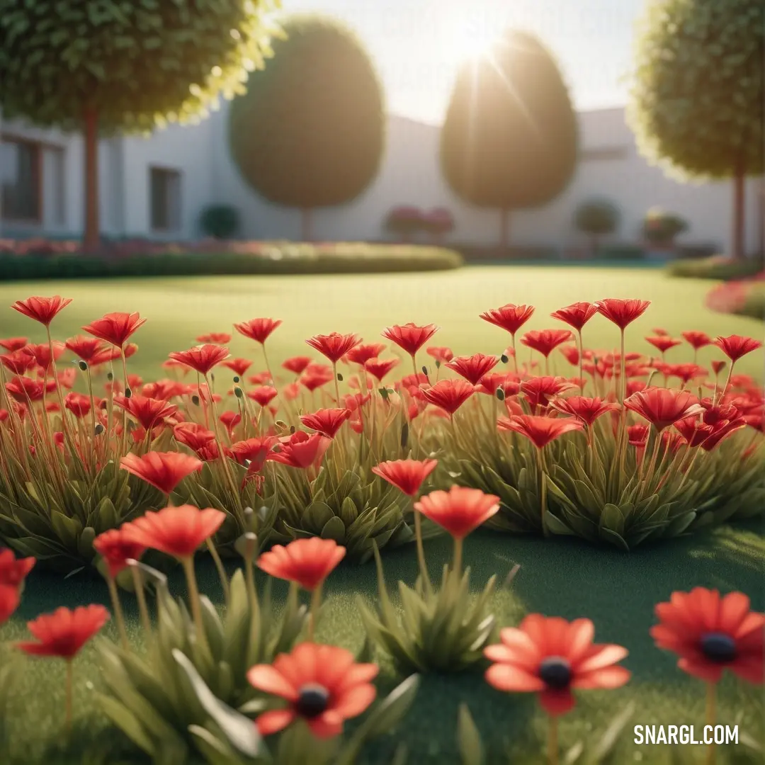 Field of red flowers in front of a building with trees in the background. Color #EF3038.
