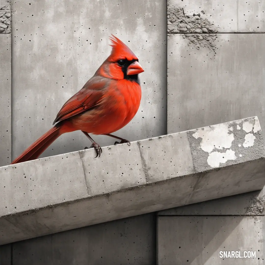 Deep carmine pink color. Red bird perched on a concrete ledge next to a wall with a cement block behind it