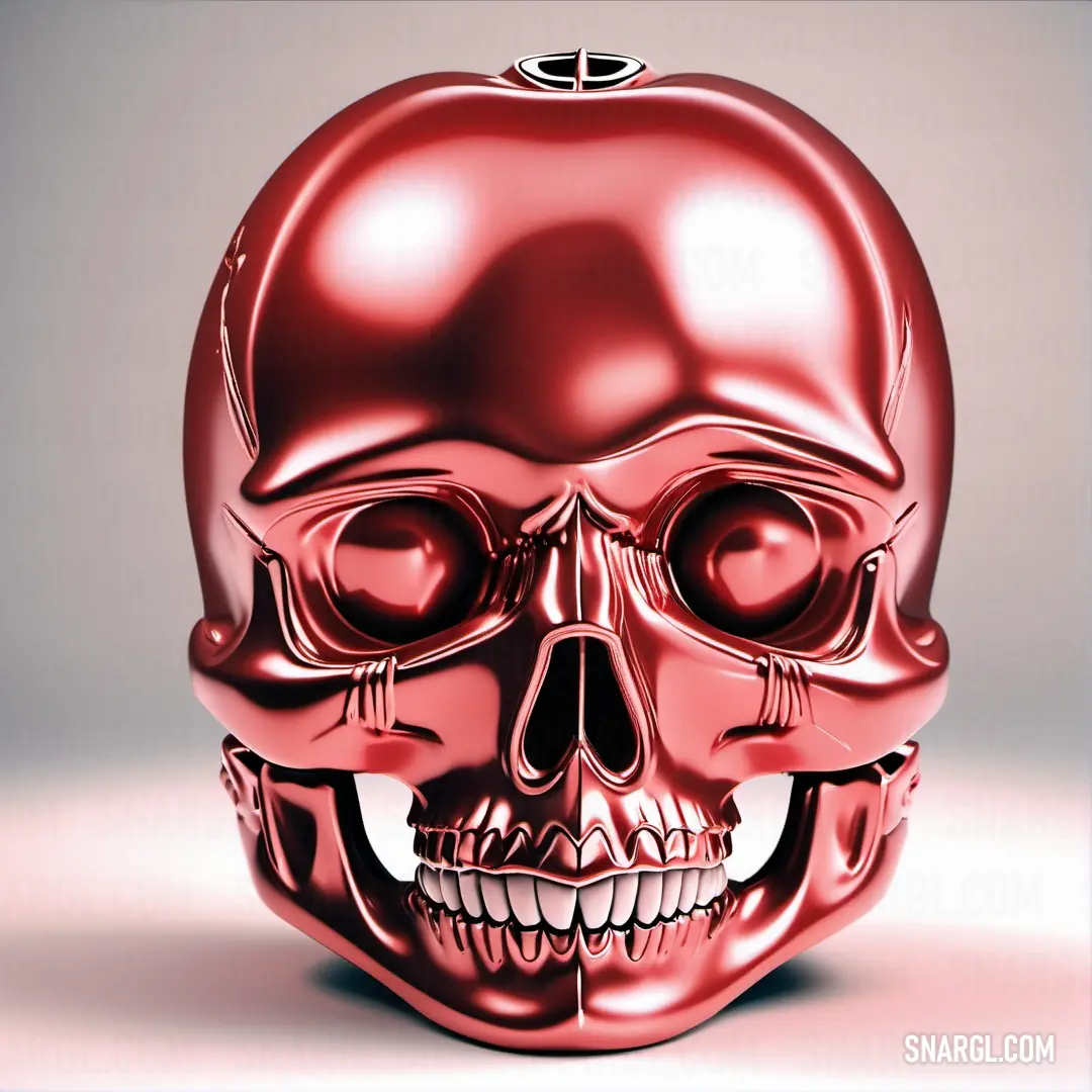 Deep carmine pink color example: Red skull with a silver crown on top of it's head and a red apple in the middle of the head