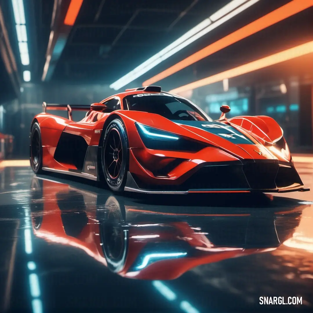 Red sports car in a futuristic setting with a bright light coming from behind it and a reflection on the floor