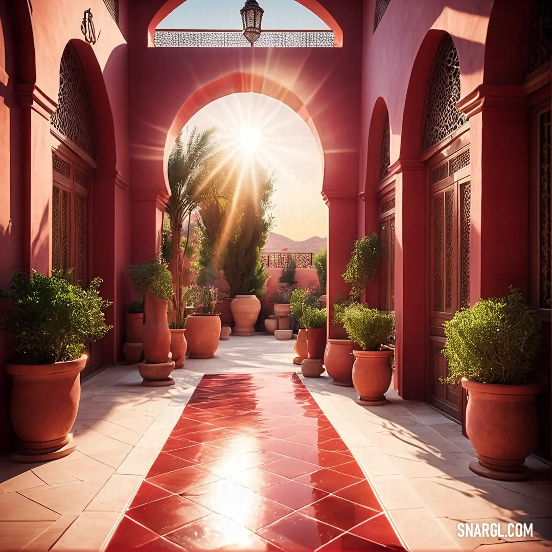 A deep carmine pink walkway lined with potted plants leads to an archway at the entrance of a building. Light shines through the arch, casting a soft glow and enhancing the rich red tones of the scene.