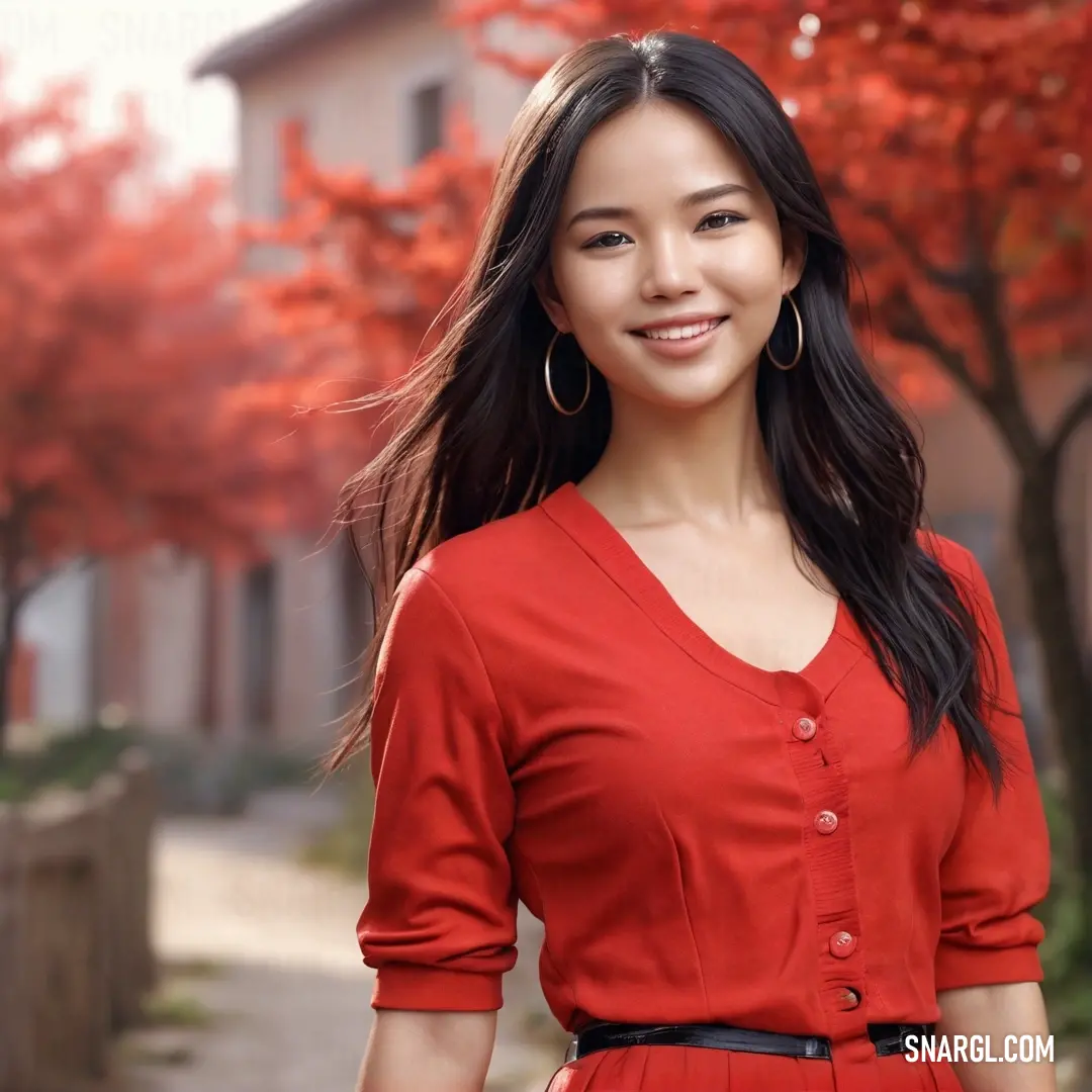 Woman in a red dress standing in front of a tree with red leaves on it and a house in the background. Color #EF3038.