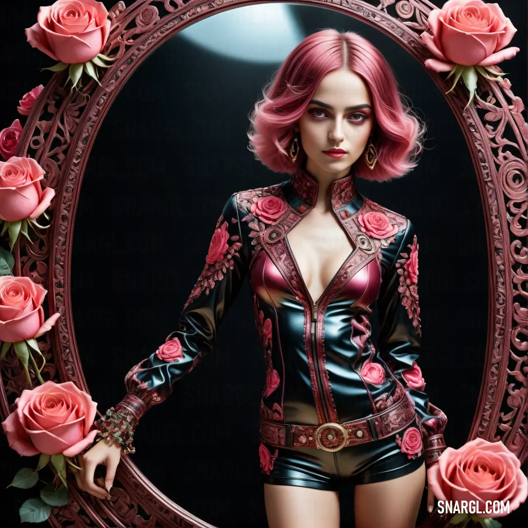 Deep carmine color example: Woman in a leather outfit with roses around her neck and a mirror behind her