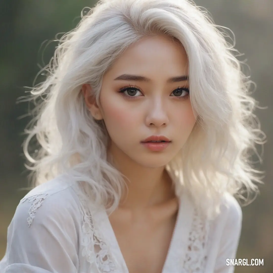 A woman with blonde hair and a white shirt poses confidently, her hands on her hips. The background hints at soft, muted tones, with a gentle focus on her striking posture.