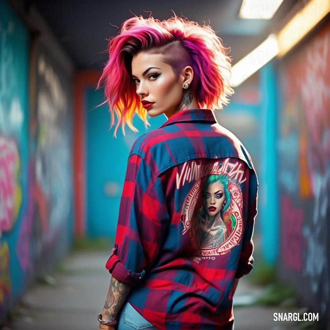 Woman with pink hair and tattoos standing in a hallway with graffiti on the walls behind her and a red and blue shirt on her chest
