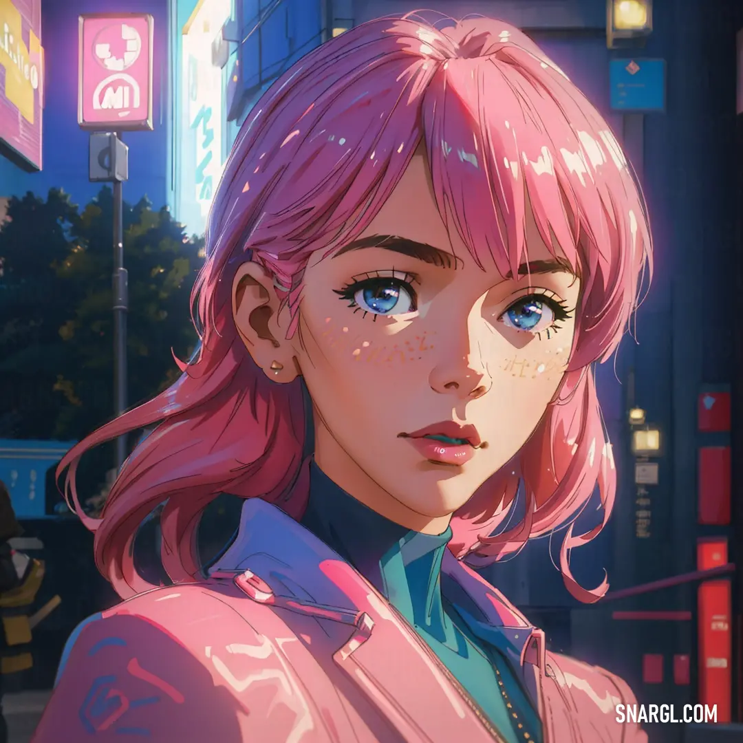 A girl with bright pink hair and piercing blue eyes stands confidently in front of a neon-lit city street at night. The CMYK color of 0,81,63,34 gives the scene a vibrant, energetic feel, evoking the pulse of a futuristic urban landscape.