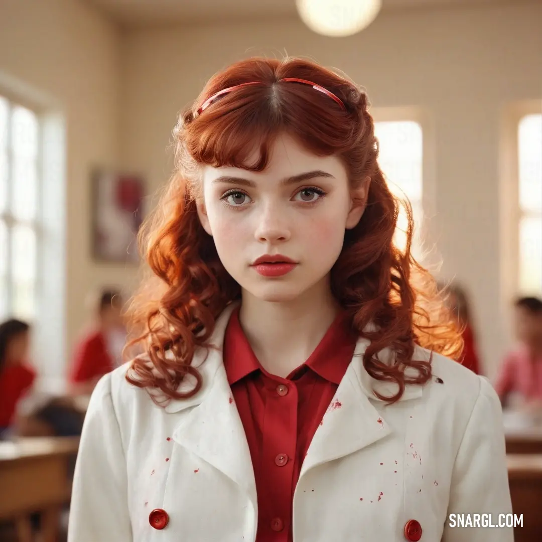 In a dynamic classroom setting, a girl with bright red hair and glasses engages with her peers, her expression reflecting curiosity and enthusiasm. The scene is filled with learning and collaboration, captured in a moment of budding brilliance.