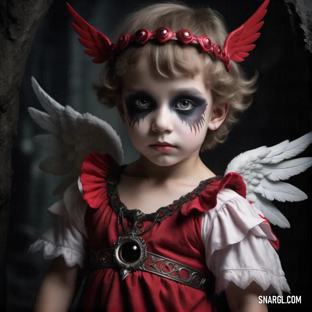 Little girl with makeup and wings on her face and body is dressed in a red dress and is looking at the camera