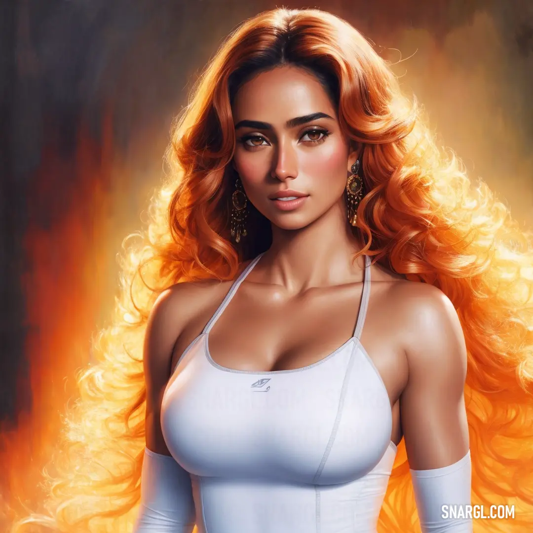 A fiery scene with a woman adorned in a bra top, her long red hair flowing as she stands before a blazing flame, creating a dramatic contrast. The deep red of the flames mirrors her intense expression, capturing a moment of fiery energy.