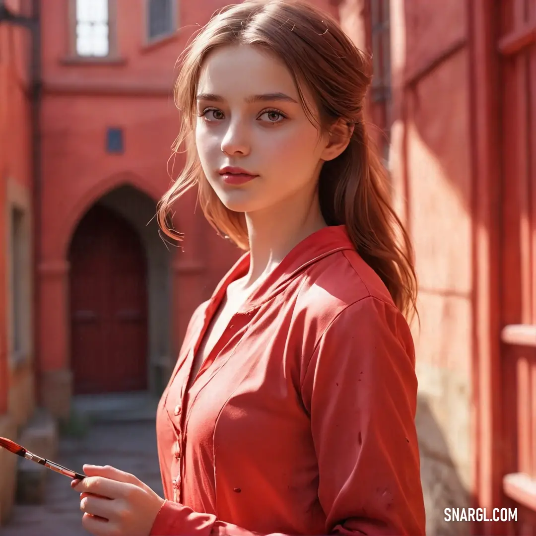 A woman wearing a vibrant red shirt holds a paintbrush, her eyes sparkling with creativity as she gazes at the camera. The bold color of her shirt reflects her artistic spirit, inviting viewers into her world of inspiration.