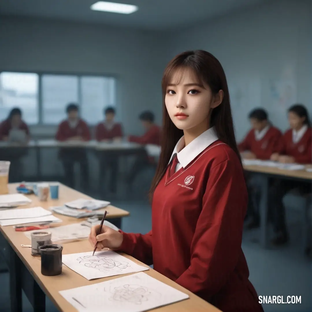 An engaged woman in a vibrant red sweater writes intently at her desk, surrounded by a collaborative group in the background. The scene captures a moment of creativity and teamwork, with the color red energizing the space around her.