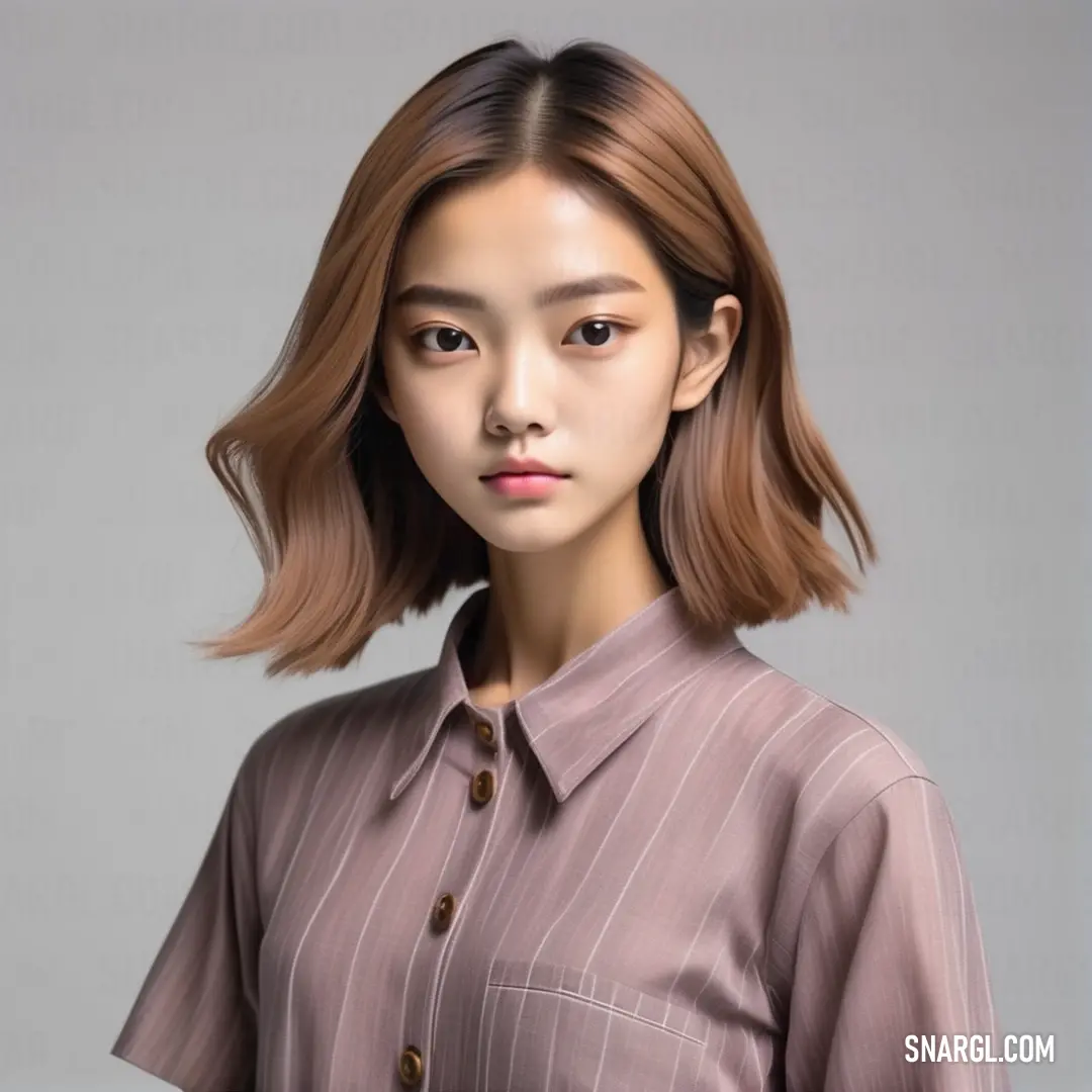 A woman with short brown hair strikes a pose against a subtle gray background. Her casual shirt and relaxed stance add an approachable vibe, while the deep color palette of her attire adds a layer of sophistication.