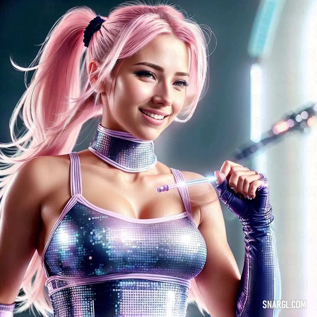 A woman with striking pink hair wears a futuristic outfit, holding a sci-fi weapon. The RGB color tone of 169,32,62 adds to the boldness of her appearance, suggesting both danger and elegance in a high-tech world.