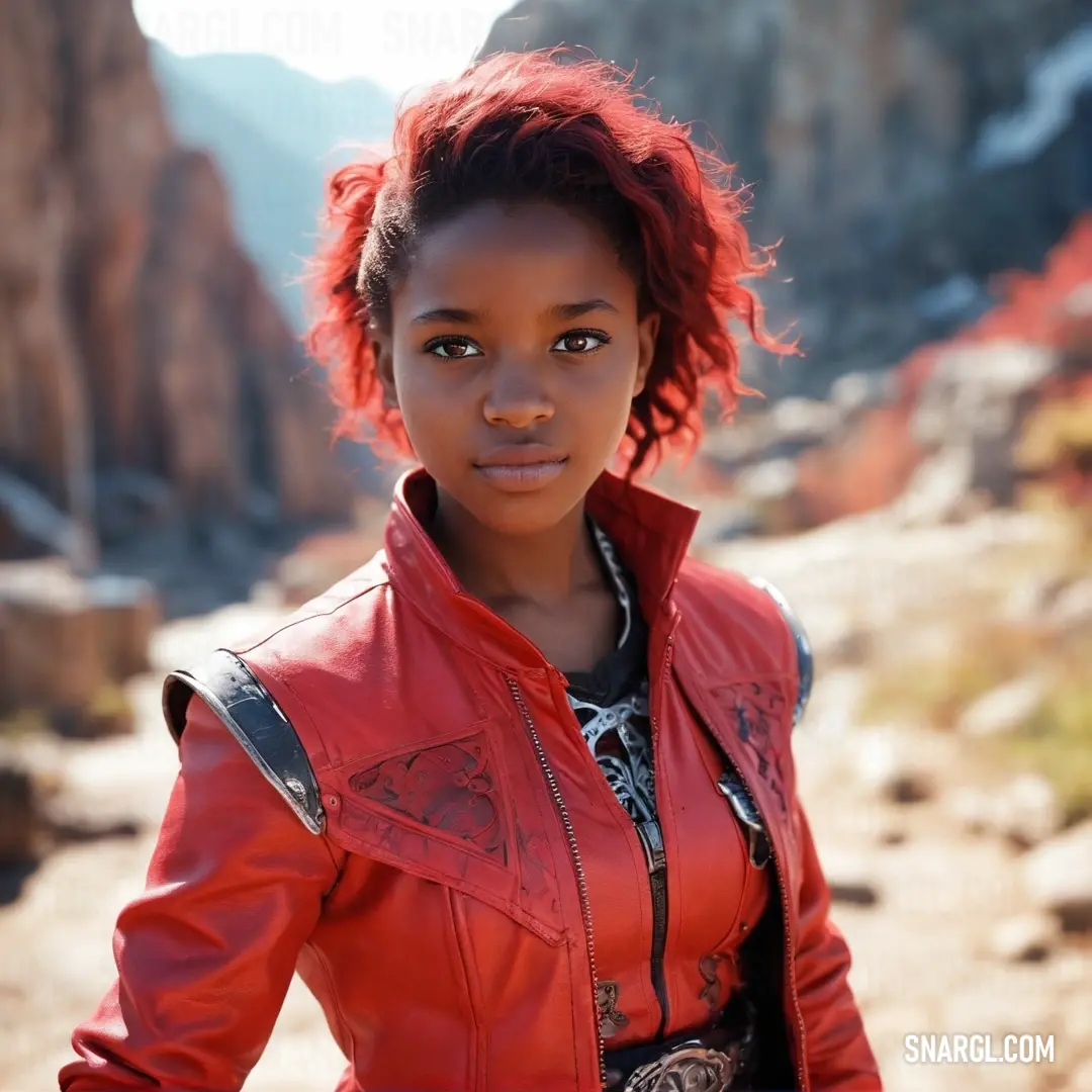 A woman with stunning red hair and a matching jacket radiates confidence as she poses in the mountains. The breathtaking backdrop enhances the deep carmine of her attire, while the natural beauty surrounds her, creating an unforgettable moment.