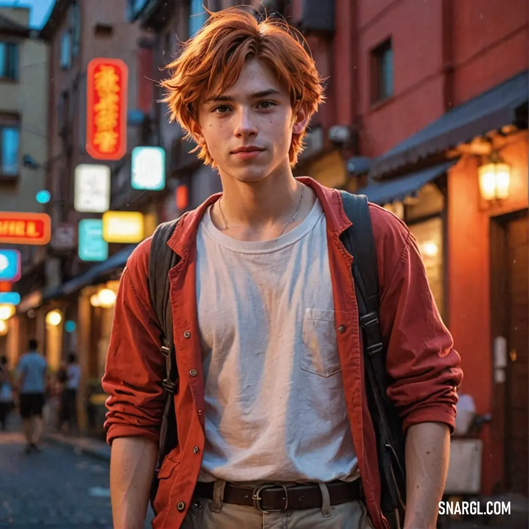 Under the shimmering city lights, a young man with a relaxed demeanor stands on a bustling street corner, his backpack suggesting an adventurous spirit. The rich hue of deep carmine in the background captures the essence of a vibrant nightlife setting.