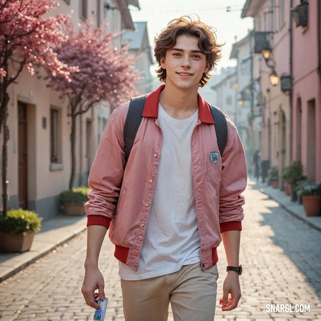 A young man strides confidently down the street, a backpack on his shoulders and a refreshing bottle of water in his hand. The air hums with life as he walks, the bold colors reflecting the vibrant energy of the urban landscape around him.