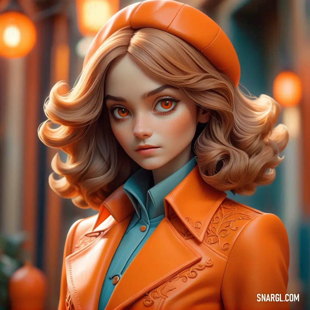Close up of a doll wearing a hat and orange jacket with a blue shirt and orange jacket on. Color RGB 233,105,44.