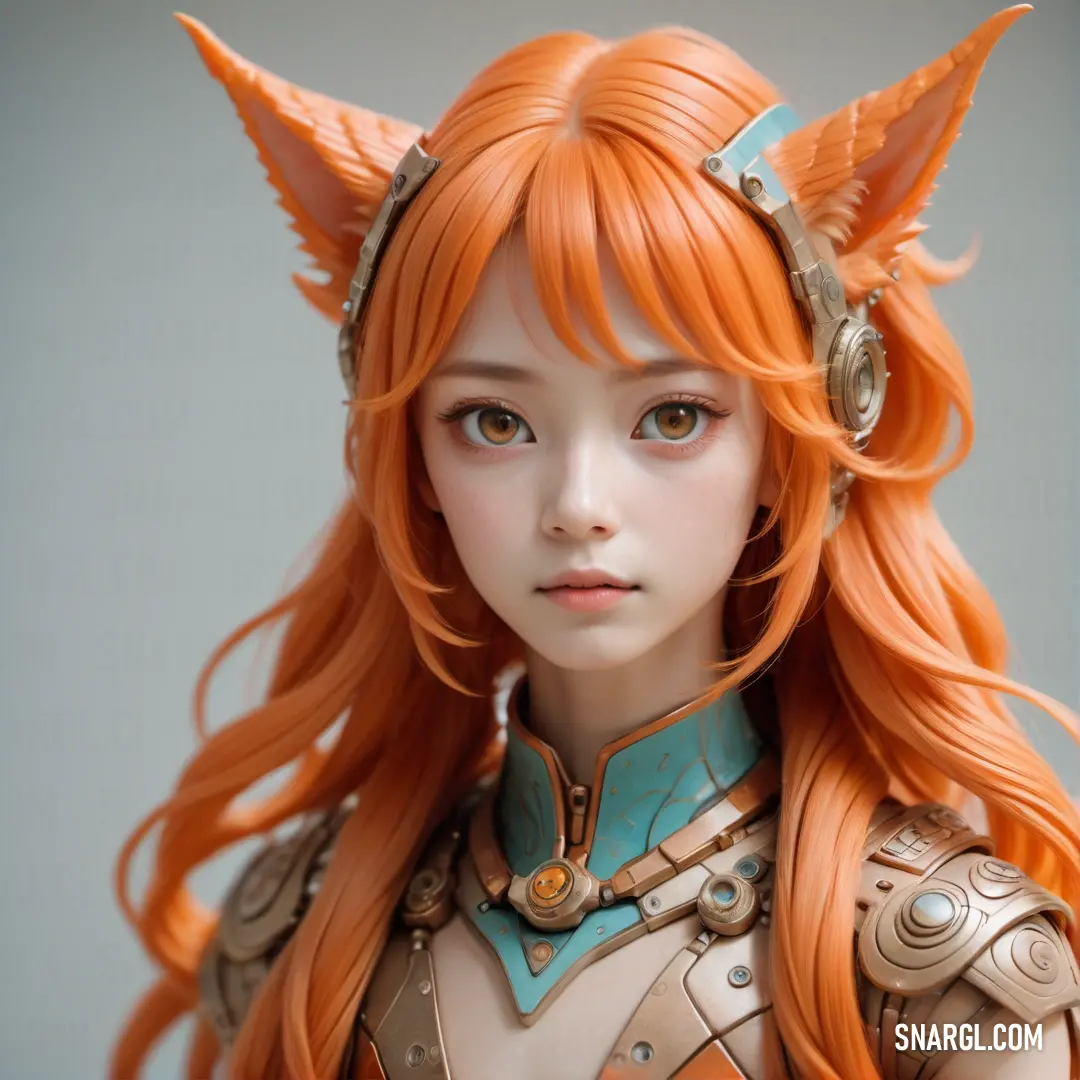 Close up of a doll with long hair and horns on her head and ears