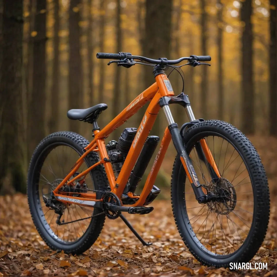 A rustic bike is parked on the forest floor amidst a kaleidoscope of colorful autumn leaves, with tall trees standing sentry. The scene radiates a sense of adventure on a crisp fall day.