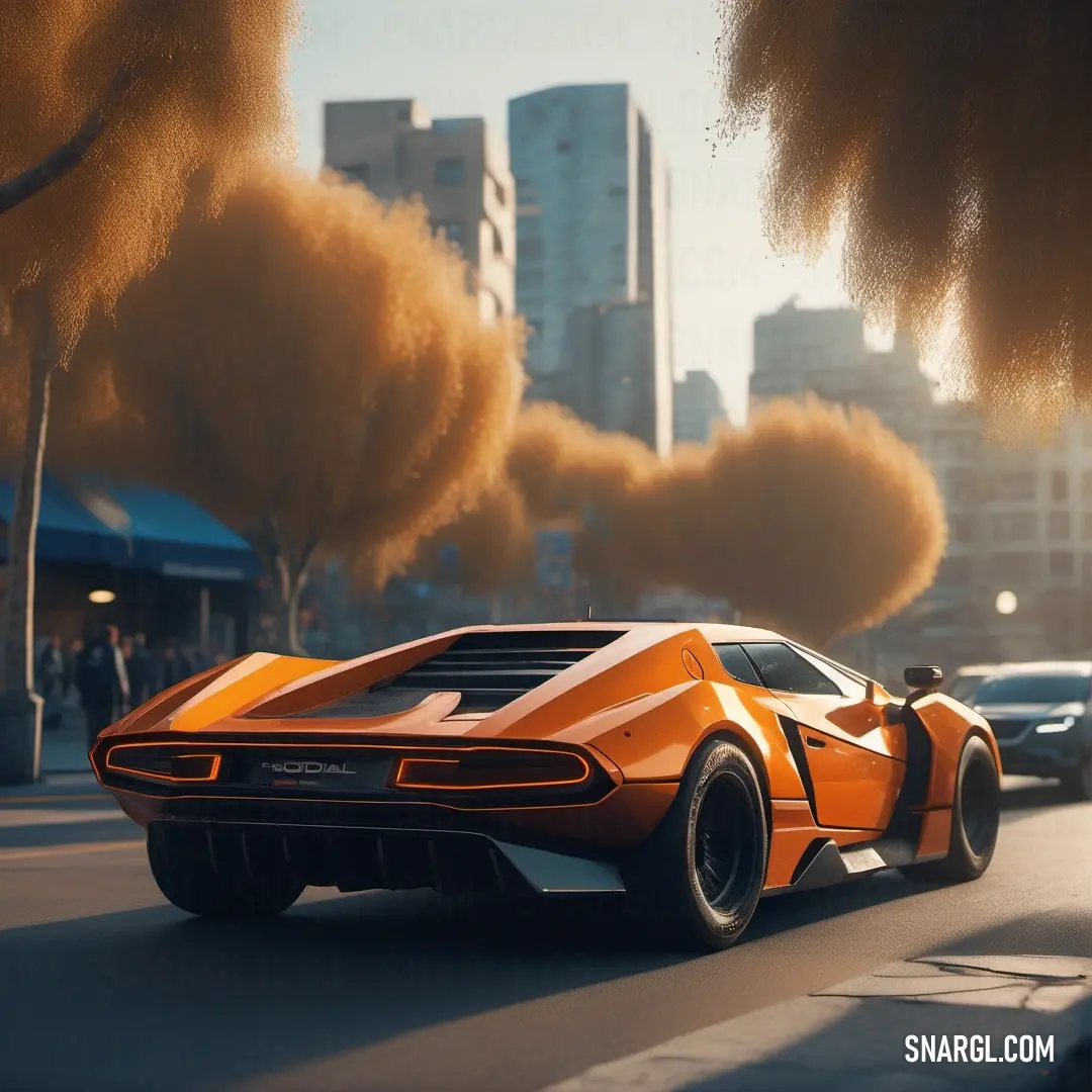 A car cruises down a street lined with tall buildings and trees, as yellow smoke rises from the top, creating a mysterious atmosphere. The striking color contrasts with the city backdrop, adding intrigue.