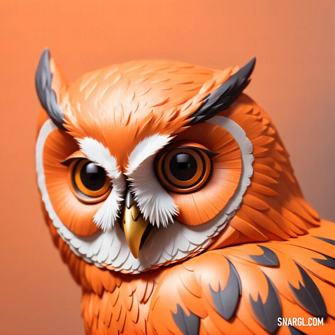 A close-up view of a meticulously crafted owl figurine perched on a table, with an orange backdrop that perfectly matches the warm, deep carrot orange hue, enhancing the intricate details of the figurine.