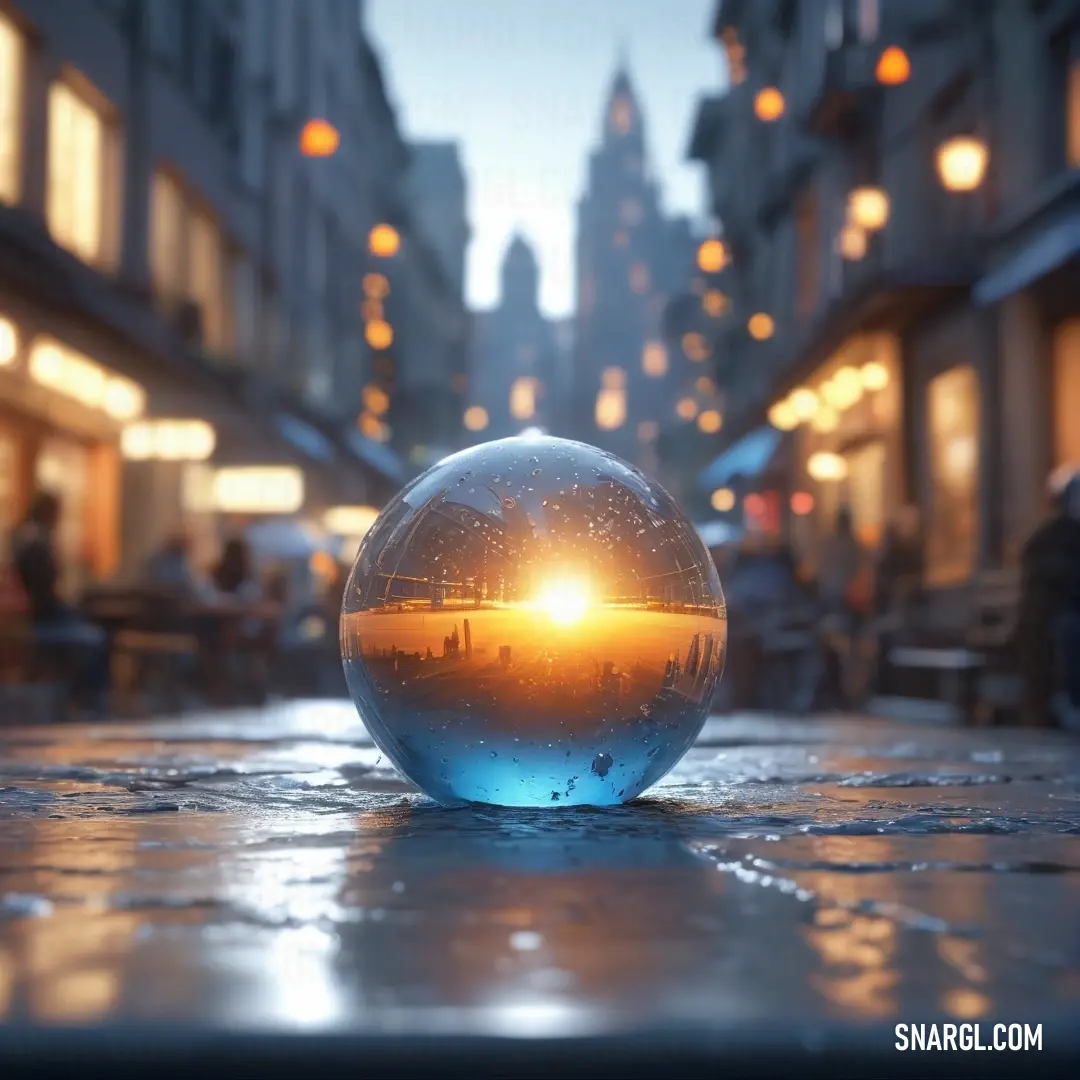 A glass sphere sits on the ground, reflecting the lights of a bustling city at night. The deep carrot orange color contrasts with the urban backdrop, adding a touch of mystery and warmth to the otherwise cool city lights.