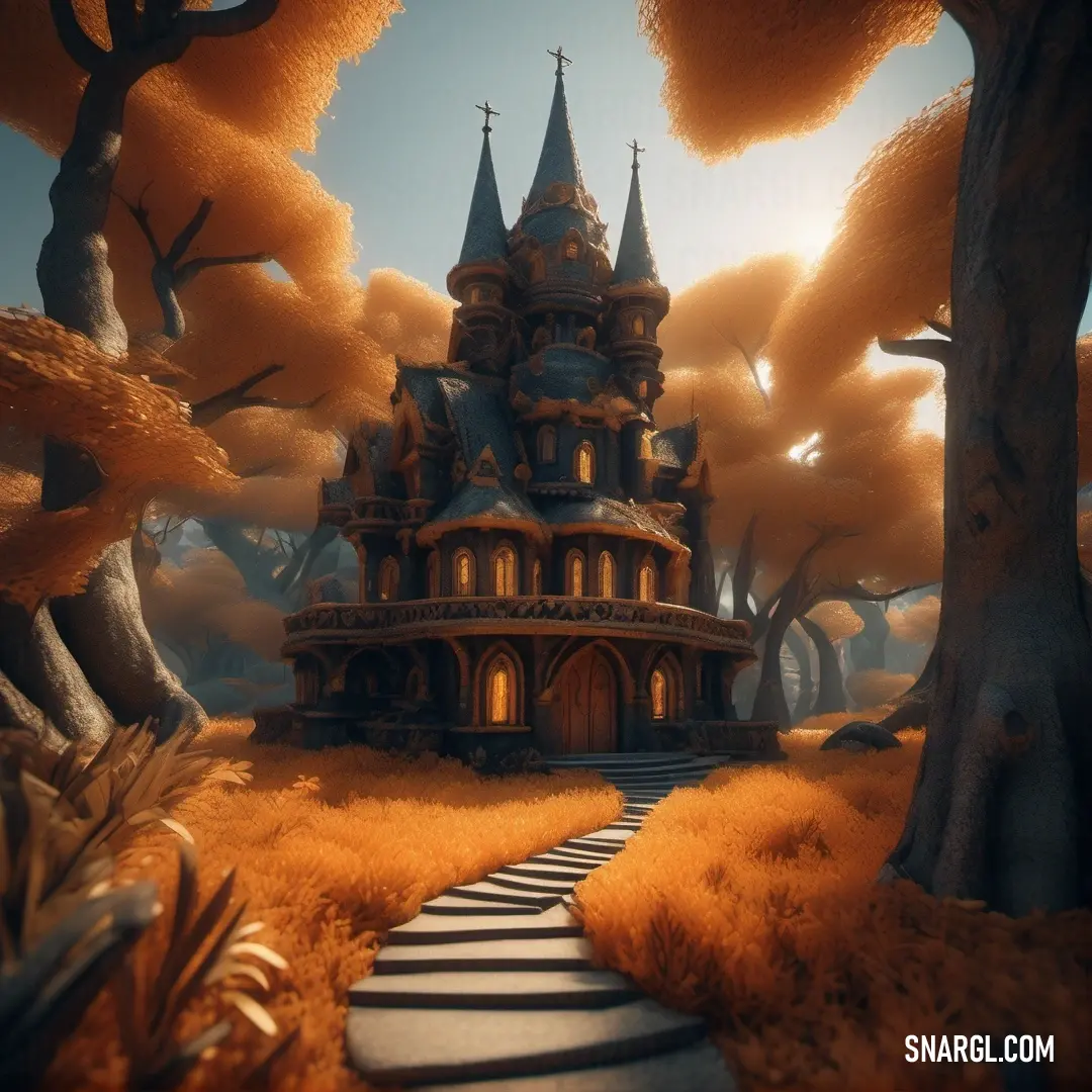 A surreal, whimsical house nestled in the middle of a forest, with a winding path leading up to it. Tall, lush trees surround the scene, and the unique colors of the landscape evoke a magical, dream-like atmosphere.